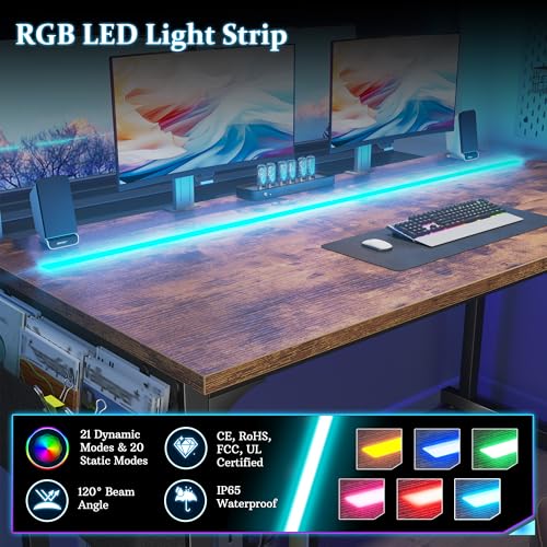 DurayLoly 40" Computer Desk with Waterproof LED Lights for Bedroom,Brown - color: Rustic Brown, size: 40 IN