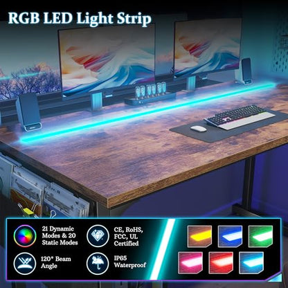 DurayLoly 40" Computer Desk with Waterproof LED Lights for Bedroom,Brown - color: Rustic Brown, size: 40 IN