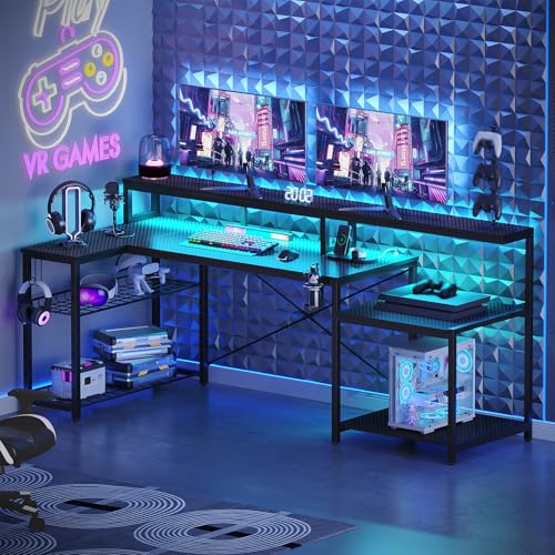 Bestier 71.5 Inch L‑Shaped Gaming Desk with LED & Power Outlets, Black | Large Desk with Monitor Stand, Adjustable Shelf & Printer Stand, Cup Holder, Headset Hooks for Gaming & Home Office - color: Black Carbon Fiber