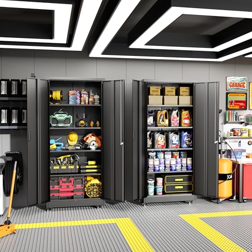 Greenvelly Metal Garage Storage Cabinet with 4 Swivel Wheels, 73" Black Storage Cabinet on Wheels, Rolling Tool Cabinet with Locking Doors and Shelves for Garage, Basement, Home, Warehouse - color: Black, size: 73 Inch