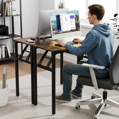 VINGLI Small Computer Desk No Assembly Required, Folding Desk as Writing Table, Dining Table and Workbench, Foldable Desk for Small Space & Home Office, 31.5 Inch, Brown & Black Frame - color: Brown