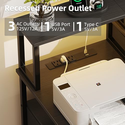 MUTUN 53" Computer Desk with 4 Drawers & Power Outlets, Reversible Home Office Desk with Monitor Stand & Printer Stand, Gaming Desk with Led Lights, Study Writing Work Desk Table for Bedroom (Black) - color: Black