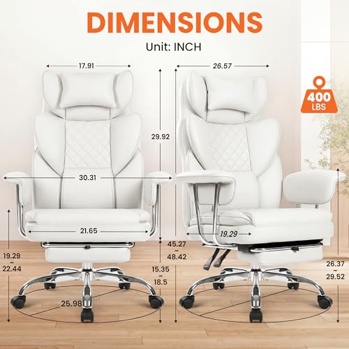 NEO CHAIR Big & Tall Leather Office Chair, High Back, Lumbar Support, White | Gaming Chair for Adults and Computer Use, Reclining Office Chair with Foot Rest, Massage, Comfy Design and Heavy Duty Support - color: White