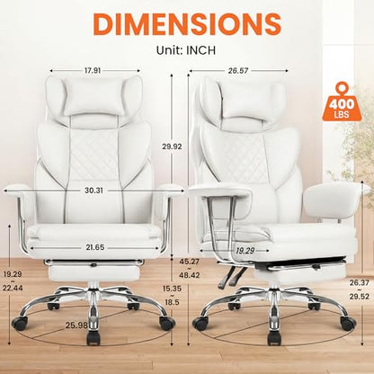 NEO CHAIR Big & Tall Leather Office Chair, High Back, Lumbar Support, White | Gaming Chair for Adults and Computer Use, Reclining Office Chair with Foot Rest, Massage, Comfy Design and Heavy Duty Support - color: White