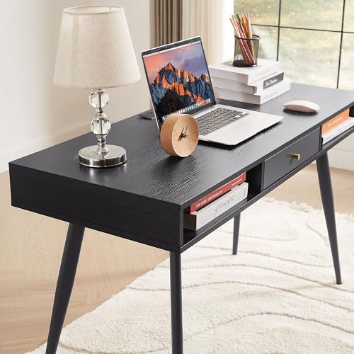Desk with USB Ports and Power Outlet, Writing Study Desk with Drawers, Multifunctional Home Office Computer Desk Black