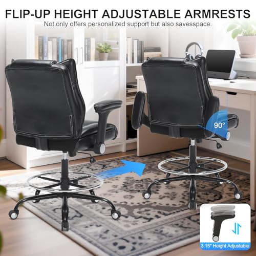 Office Drafting Chair, Tall Desk Chair with Adjustable Armrests and Footrest Ring PU Leather Standing Desk Chair with Extra Thicken Seat Cushion, Comfy High Office Chair for Counter Height Desk, Black