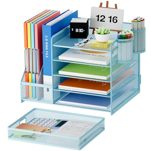 Marbrasse Desk Organizer with File Holder, 5-Tier Paper Letter Tray Organizer with Drawer and 2 Pen Holder, Mesh Desktop Organizer and Storage with Magazine Holder for Office Supplies(Blue) - color: Blue