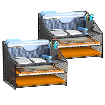 Samstar 2 Pack Mesh Desk File Organizer Letter Tray Holder, Desktop File Folder Holder with 3 Paper Trays and 2 Vertical Upright Section, Black - color: 2 Pack