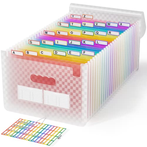 ABC life 26 Pockets Accordion File Organizer, Expanding File Folder, Pink | Portable Monthly Paper Bill Tax Receipt Organizer, Letter/A4 Size, Document Organizer with Labels, for School, Home, Office - color: Pink