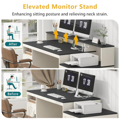 65" Farmhouse Computer Desk with Drawers and Printer Stand for Home Office - color: Black and White
