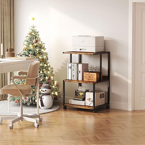Mexin Printer Stand-Small 3 Tier Printer Table with Wheels, Industrial Rolling Printer Cart with Storage Shelf for Scanner Fax Home Office Use,17.5 x 11.8 Inches, Rustic Brown