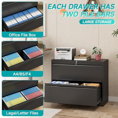 2 Drawer Lateral Metal File Cabinet, Home Office Storage Filing Cabinet with Hanging Bars & Keys, Compatible with Legal Letter A4 F4 Size Hanging Folders,Black,Require Assembly - color: Black, size: 2 Drawer-36"W