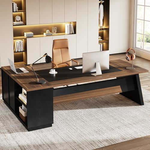 Tribesigns 78" L-Shaped Executive Desk, Extra Large Modern Office Desk with Drawers and File Cabinet, Business Furniture with Storage Shelves, Big Computer Desk for Home Office (Light Walnut + Black) - color: Light Walnut + Black