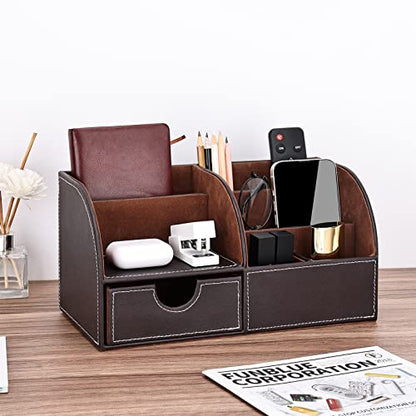 KINGFOM Pu Leather Desk Organizer Pen Pencil Holder Office Supplies Caddy Storage Box 6 Compartments with Drawer Brown - color: Brown