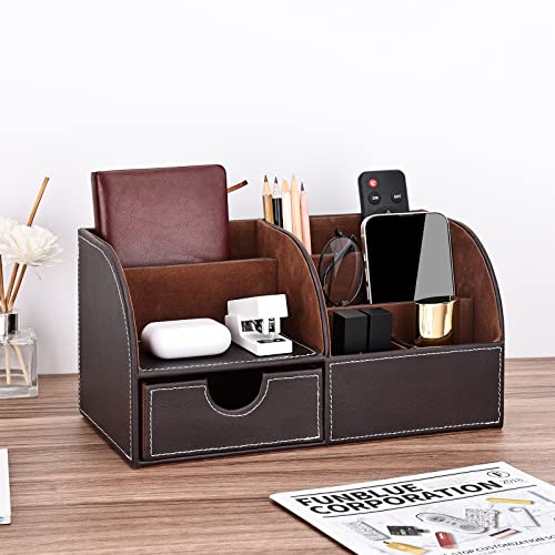 KINGFOM Pu Leather Desk Organizer Pen Pencil Holder Office Supplies Caddy Storage Box 6 Compartments with Drawer Brown - color: Brown