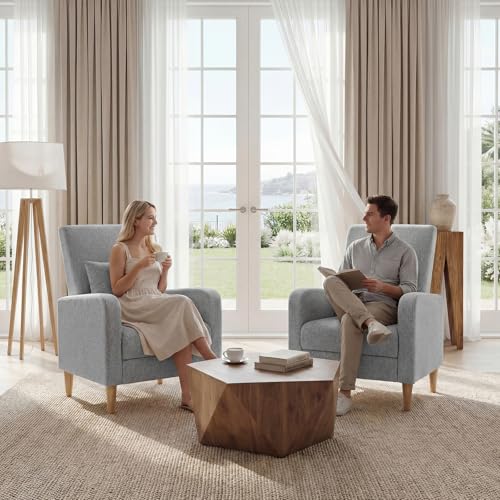 COLAMY Mid-Century Modern Accent Chairs Set of 2, Fabric Upholstered Living Room Chairs with Back Pillow & Solid Wood Legs, Comfy Armchair for Living Room, Bedroom, Single Sofa, Grey - color: Grey, size: Set of 2