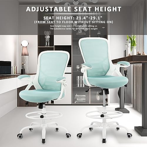 HYLONE Drafting Chair Tiffany Blue, Tall Office Chair Standing Desk Stool with Adjustable Height, Foot Ring, Flip-Up Arms, Mesh High-Back Office Chair, White - color: Blue