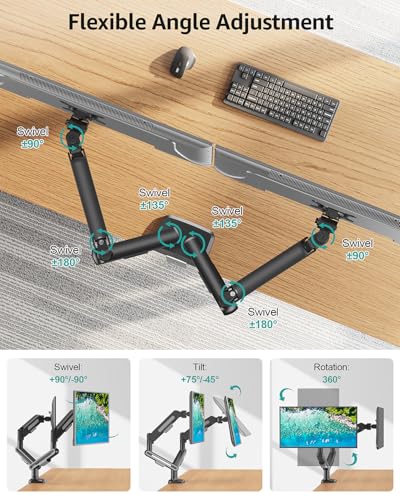 MOUNT PRO Dual Monitor Desk Mount, Pneumatic Monitor Arms for 2 Monitors Max 39 Inches, Adjustable Dual Computer Monitor Stand Each Arm Holds up to 26.5lbs, VESA Mount with C Clamp & Grommet Base - size: Max 39", style: Dual