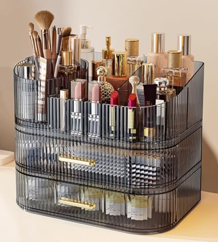 Large Makeup Organizer with Drawers, 360° Rotating Brush Holder | 3-Tier, Cosmetic storage for vanity, skincare, perfume, hair accessories, lipstick and jewelry, Transparent Gray - color: Transparent Gray, size: 3-layer
