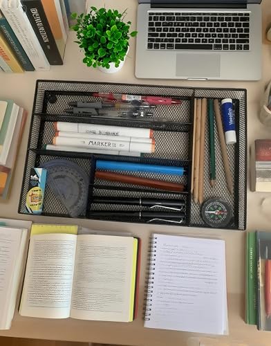 Desk Drawer Organizer Metal Mesh Drawer Organizer Tray for Office School or Home Supplies Desktop Storage Stationery，6 Compartments, 12.6 x 8.27 x 1.57 inch，Black (1pc pack)