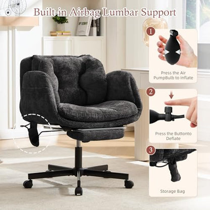 Criss Cross Office Chair with Footrest and 5-Gear Adjustable Arms, Black | Wide seat cross-legged desk chair, flip lumbar pillow, airbag support, chenille fabric, for home office vanity and meditation - color: Black-chenille