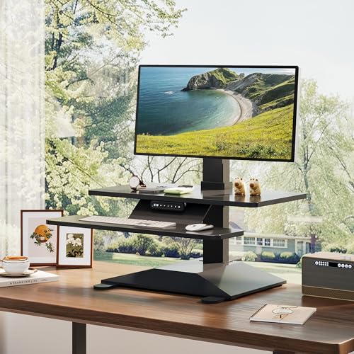 Electric Standing Desk Converter 28" Wide, Height Adjustable Desk Riser, Computer Workstation, Sit-Stand Convertor for Home, Office, School (Black, 1 Arm Included) - color: Black, size: 28'' Wide