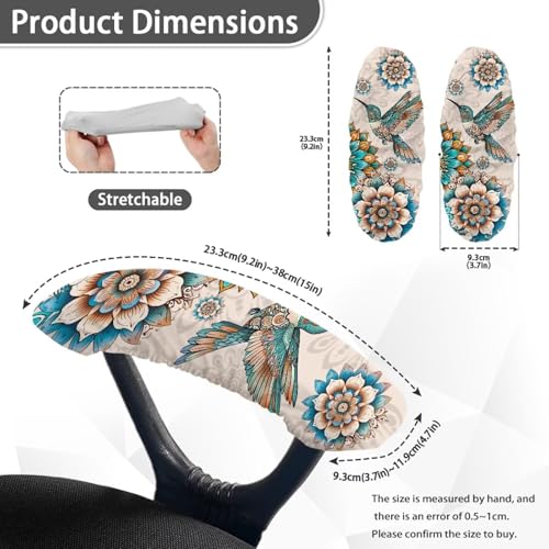 Hummingbird Print Office Chair Armrest Slipcovers Set of 2, Bohemian Mandala Flower Print Office Arm Covers, Stretchy Gaming Chair Armrest Covers Soft Office Chair Arm Protectors - color: Brown and Blue - Hummingbird Bohemian Mandala Flower