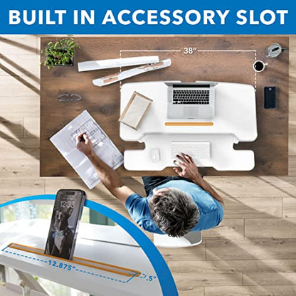 Mount-It! Standing Desk Converter White 38” Wide Height Adjustable Stand Up Desk Riser, Desk Topper with Gas Spring, Desktop Standing Desk with Keyboard Tray Fits Two Monitors - color: White, size: 38 Inches