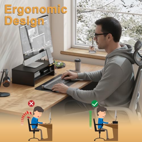 TEAMIX 2 Tiers Wood Monitor Stand Riser with Phone Holder & Side Pen Holder - color: Black, size: 15.7 x 9.5 x 5.7 inches