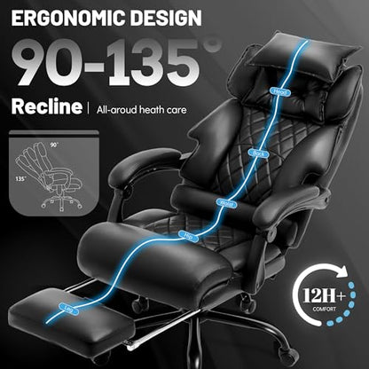 Massage Office Chair with Foot Rest,6 Points Vibration & Heat Executive Office Chairs,500LBS Big and Tall Office Chair for Heavy People,Ergonomic Reclining Desk Chair,Dual-Use Pillow,Home Office,Black - color: Black, size: 6 Point Vibration