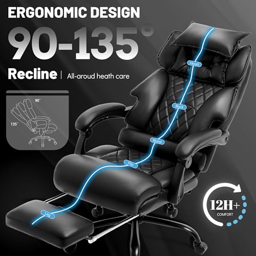 Office Chair with Foot Rest,3D Kneading Massage & Heat Executive Office Chairs for Heavy People,500LBS Big and Tall Office Chair,Ergonomic Reclining Desk Chair,Dual-Use Pillow,Home Office,Black - color: Black, size: 3D Kneading