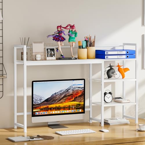 Snughome Desk Shelf, 44.9" Large Desktop Organizer Shelf, Desk Hutch for Monitor, 4 Tier Display Rack, Wooden Desktop Bookshelf Storage Rack for Home Office Dorm - color: White, size: 44.9"