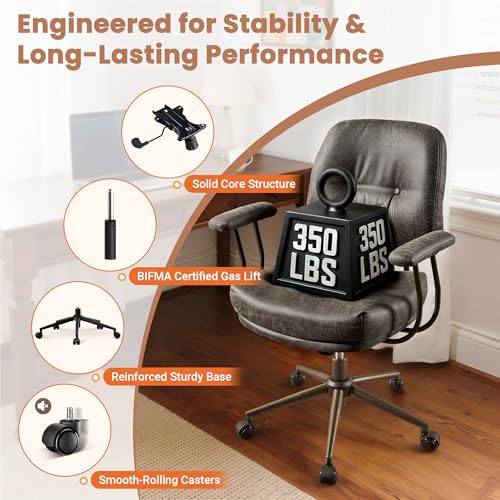 Leather Home Office Chair, Mid Back Ergonomic Desk Chair with Lumbar Support, Mid Century Modern Deep Seat Swivel Rocking Computer Chair, Dark Gray - color: Dark Gray,suede Fabric, size: Big Mid Back
