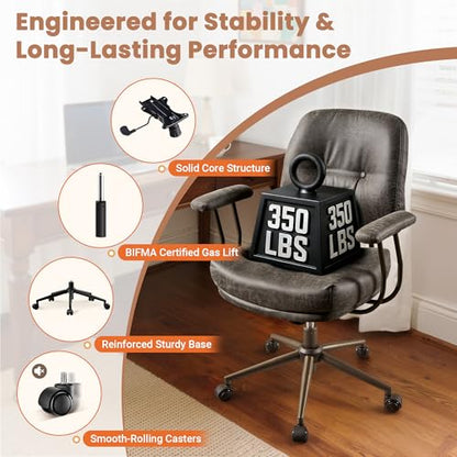 Leather Home Office Chair, Mid Back Ergonomic Desk Chair with Lumbar Support, Mid Century Modern Deep Seat Swivel Rocking Computer Chair, Dark Gray - color: Dark Gray,suede Fabric, size: Big Mid Back