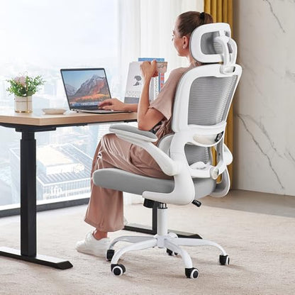 TRALT Office Chair Ergonomic Desk Chair - Gaming Chair with Lumbar Support | 330 LBS Home Office Desk Chairs with Headrest, Reading Chair with Flip-up Armrests, Comfortable Computer Chairs (1, Grey) - color: Light Grey