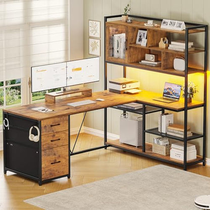 SEDETA 58'' L Shaped Computer Office Desk with 3 Drawers and Bookshelf - color: Rustic Brown