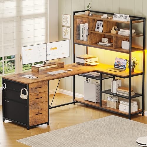 SEDETA 58'' L Shaped Computer Office Desk with 3 Drawers and Bookshelf - color: Rustic Brown