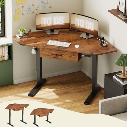 SEDETA Corner Electric Standing Desk with Drawer for Gaming, Small Space - color: Rustic Brown