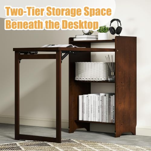 tonchean Bamboo Folding Desk with Storage Bookshelf for Small Spaces, Brown