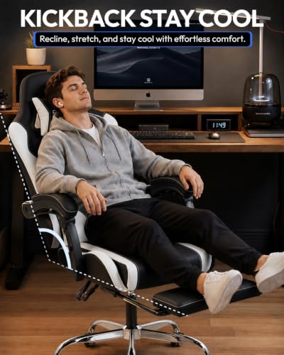 Dowinx Ergonomic Gaming Chair with Footrest & Massage Lumbar, 2D-Linkage Armrests for Computer Chair 330lbs with Headrest Pillow for Office, Home, Streaming and Long Gaming Sessions, Fabric White - color: Black White