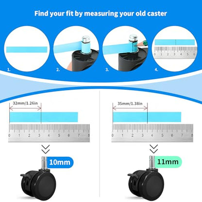 MySit 11x22mm Office Chair Caster with Brake for Hardwood Floors Set of 5 | Heavy Duty Mute PU Stool Caster Wheels Replacement Easy Installation - size: 11x22mm(Large Stem)