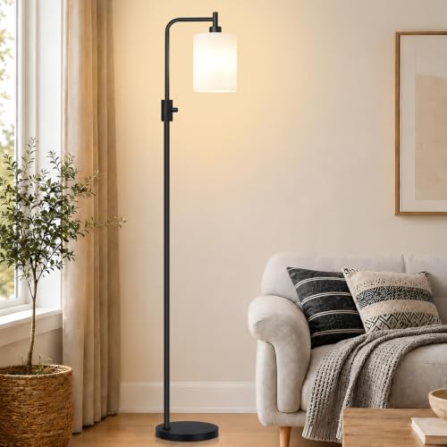 【Upgraded】 Dimmable Floor Lamp for Living Room with Opal Glass Lamphade, Black Modern Glass Floor Lamp with 900LM LED Bulb Included, Arc Standing Tall Lamp for Bedroom, Office, Reading Room, Corner - color: Opal Glass-Matte Black
