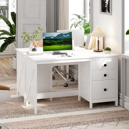 JSB 47.2 Inch White Computer Desk with 3 Drawers for Home Office Bedroom - color: White, size: 47.2in