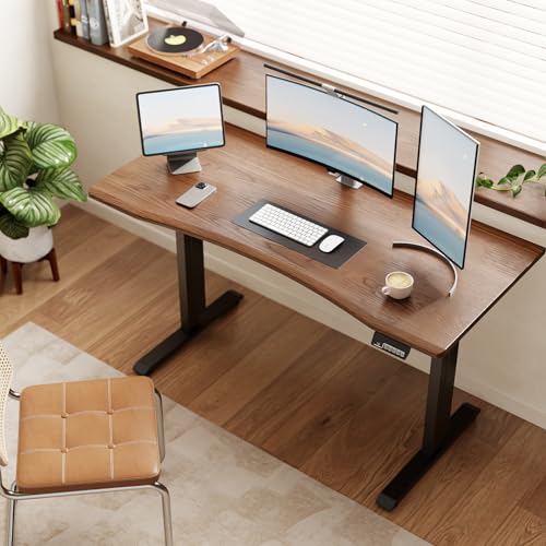 Solid Wood Electric Standing Desk, 55"x23.6" Walnut Standing Desk | 1 BOX,Home Office Desk with 3 Stages Single Motor, Wood Standing Desk with T-Shaped Metal Bracket for Gaming - color: Walnut, size: 55"x23.6"