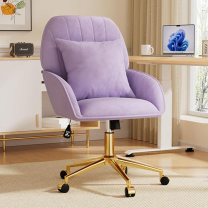 Home Office Desk Chair Comfy with Adjustable Swivel Wheels, Modern Velvet Makeup Vanity Chair with Back & Pillow, Ergonomic Office Chair Computer Task Chair for Living Room, Bedroom, Purple - color: Purple