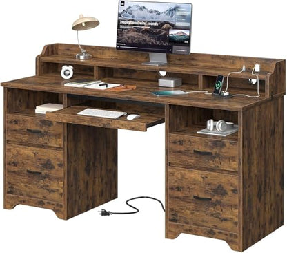 Bestier 59" Executive Desk with Charging Station & Monitor Stand, Brown - color: Natural Rustic Brown