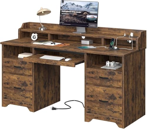 Bestier 59" Executive Desk with Charging Station & Monitor Stand, Brown - color: Natural Rustic Brown