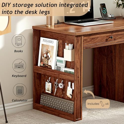 Ieejdn 47" Home Office Desks, Executive Desk, Farmhouse Computer Desk with Drawers and Charging Station, File Drawer, Storage Cabinet, Rustic Computer Writing Desk,Antique Brown - color: Brown, size: 47.24"