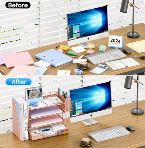 OPNICE Desk Organizers and Accessories, 4-Tier Desktop File Organizer with Drawer and Pen Holders, Office Desk Accessories Workspace Organizers for Office Supplies (Rose Gold) - color: Rose Gold, size: 4T