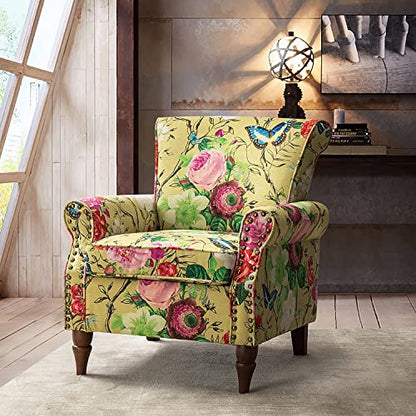 HULALA HOME Traditional Floral Accent Chair with Solid Wood Legs, Mustard | Comfy Upholstered Armchair Reading Chair with Rolled Armrests, Nailhead Trim, Removable Cushion, for Living Room Bedroom - color: Mustard